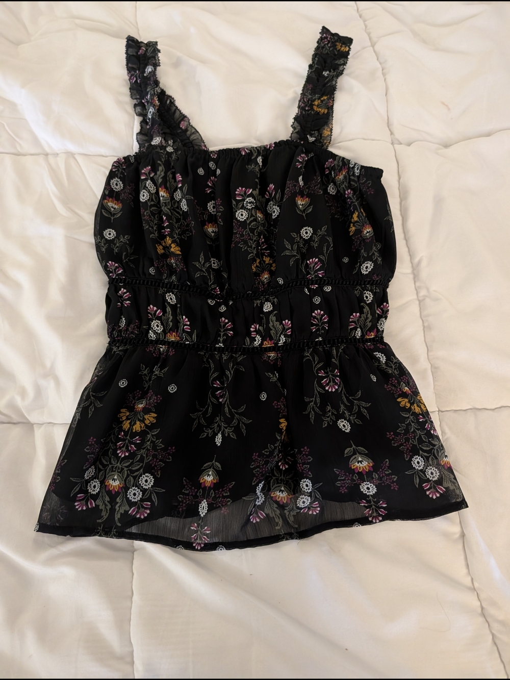 Old Navy Black Floral Ruffle-Strap Tank